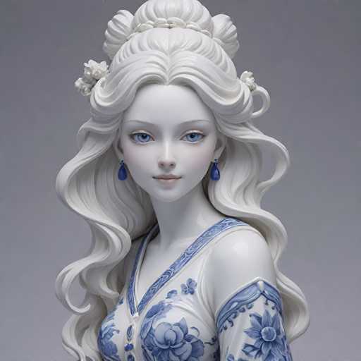 The image shows a white porcelain sculpture of a woman with long blonde hair and blue earrings. The sculpture is set against a gray background, which highlights the intricate details of the piece.