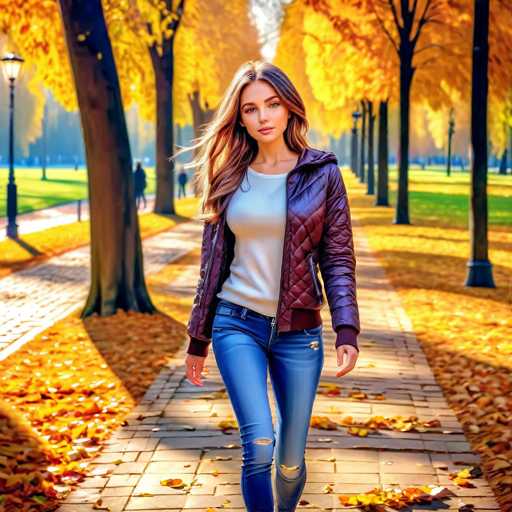 A young woman is walking down a tree-lined path in an autumn park. She is wearing a purple jacket and blue jeans with her hair styled in loose waves. The trees lining the path have yellow leaves, suggesting that it's fall season.