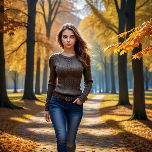 A young woman is walking down a path lined with trees on a sunny day. She is wearing a brown sweater and blue jeans, and her hair is styled in loose waves. The leaves of the trees surrounding her are a mix of yellow and orange hues, suggesting that autumn has arrived.