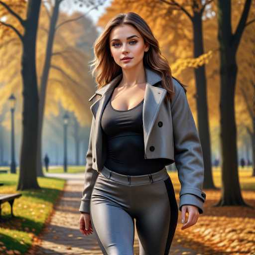 A young woman is walking down a path lined with trees on a sunny day. She is wearing a black tank top and gray pants, and her hair is styled in loose waves. The trees surrounding the path are adorned with yellow leaves, suggesting that autumn has arrived.