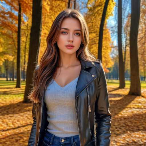 A young woman with long brown hair is standing in a park surrounded by trees and fallen leaves on the ground. She is wearing a black leather jacket over a gray shirt and blue jeans. The autumn colors of the trees behind her create a warm and inviting atmosphere.