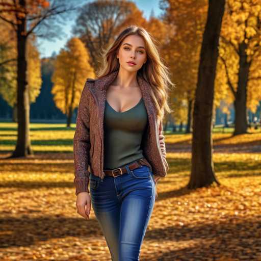 A woman is walking through an autumn park wearing a brown jacket and blue jeans with her hair blowing in the wind as she walks past trees with yellow leaves on them.