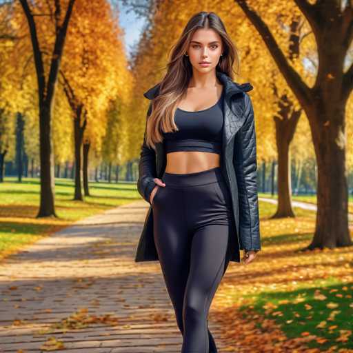 A woman is walking down a path lined with trees on a sunny day. She is wearing a black jacket and leggings, and her hair is styled in loose waves. The leaves of the trees surrounding her are a mix of yellow and orange hues, suggesting that autumn has arrived.