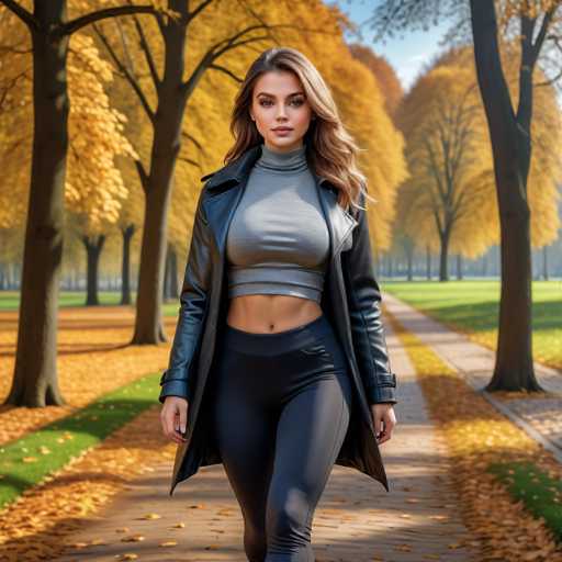 A woman is walking down a path lined with trees on a sunny day. She is wearing a black leather jacket and gray turtleneck over a white shirt. The leaves of the trees surrounding her have turned yellow, suggesting autumn.