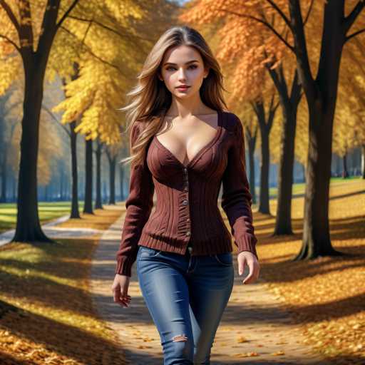 A woman is walking down a path lined with trees on a sunny day. She is wearing a brown sweater and blue jeans, and her blonde hair falls over her shoulders as she strides confidently towards the camera. The trees surrounding her are adorned with vibrant yellow leaves, creating a beautiful autumnal backdrop for this outdoor scene.