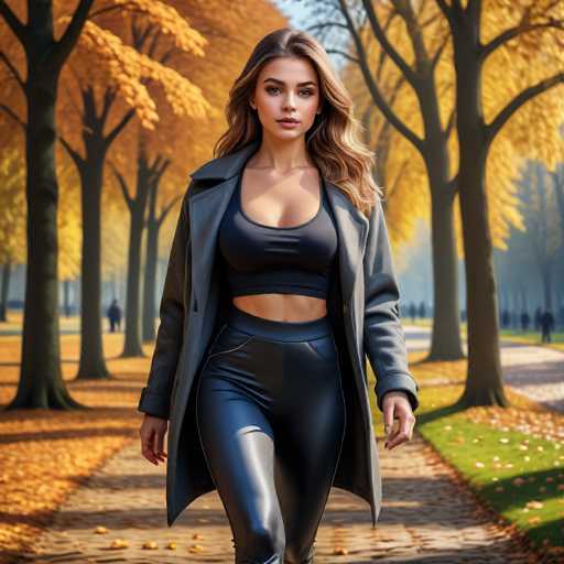 A woman is walking down a tree-lined path in an autumn setting. She is wearing a black coat and pants with a black top that shows off her toned midriff. The trees lining the path are ablaze with yellow leaves, creating a warm and inviting atmosphere.