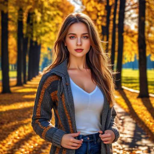 A young woman with long brown hair is standing on a path surrounded by trees and leaves. She is wearing a gray sweater over an orange and white striped shirt, paired with blue jeans. The background features the vibrant colors of autumn, creating a warm and inviting atmosphere.