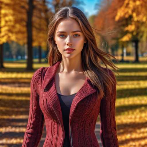 A young woman with long brown hair is walking through a park during the fall season. She is wearing a red sweater and black pants. The trees around her have yellow leaves, indicating that it's autumn.