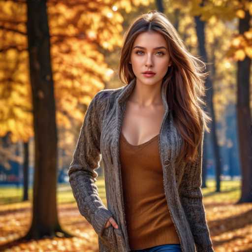 A woman with long brown hair is walking through a park during autumn. She is wearing an orange shirt and gray coat, which contrasts with the vibrant colors of the trees around her. The leaves on the trees are a mix of yellow and orange hues, indicating that it's fall season.