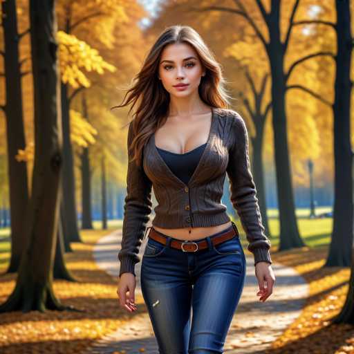 A woman is walking down a path through an autumn forest. She is wearing a brown cardigan and blue jeans with her hair styled in loose waves. The trees around her have yellow leaves, suggesting the season to be fall.