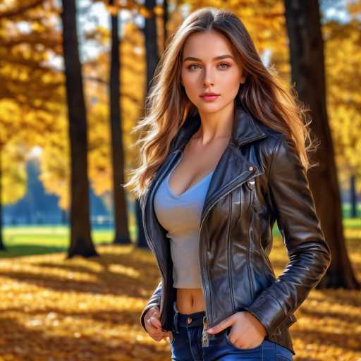 A young woman with long brown hair is standing in a park surrounded by trees and fallen leaves on the ground. She is wearing a black leather jacket over a gray tank top and blue jeans. The background features tall trees with yellow leaves, creating a serene autumnal atmosphere.