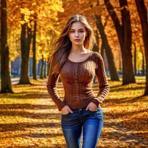 A young woman with long brown hair is walking down a path lined with trees in an autumn park. She is wearing a brown sweater and blue jeans. The leaves on the trees have turned yellow, indicating that it's fall season.