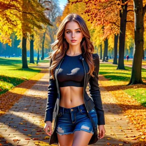 A woman with long brown hair is walking down a path lined with trees on the right side of the image. She is wearing a black top and blue jeans, and her arms are crossed over her chest as she walks. The background features a mix of autumn colors, including yellow leaves on the trees and green grass in the foreground.