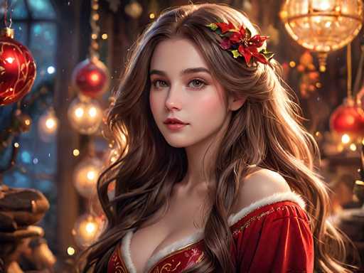 The image depicts a woman with long brown hair wearing a red dress and a flower in her hair. She is standing against a backdrop of Christmas decorations, including red and gold ornaments hanging from the ceiling and around the room. The lighting in the scene is soft and warm, creating an intimate atmosphere.