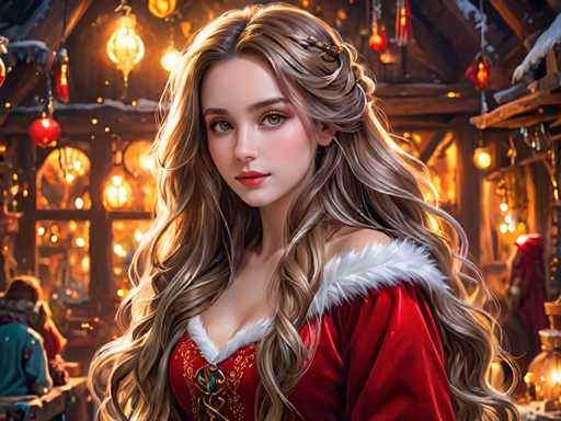 The image depicts a woman with long blonde hair wearing a red dress and a white fur collar. She is standing against the backdrop of a building adorned with Christmas lights, suggesting that it might be during the holiday season. The woman's gaze is directed straight at the camera, creating an engaging visual connection between her and the viewer.