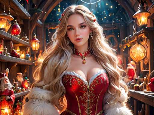 The image depicts a woman with blonde hair wearing a red corset and a gold necklace standing in front of a store filled with Christmas decorations. The background is dark and features several lanterns hanging from the ceiling.