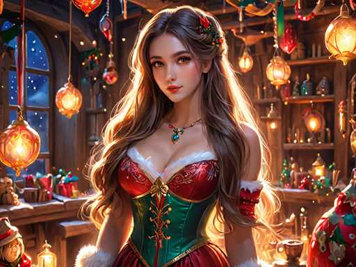 The image depicts a woman wearing a red and green corset with gold accents, standing in front of a window adorned with Christmas decorations. The background features various holiday-themed items such as ornaments, tinsel, and a wreath on the door.