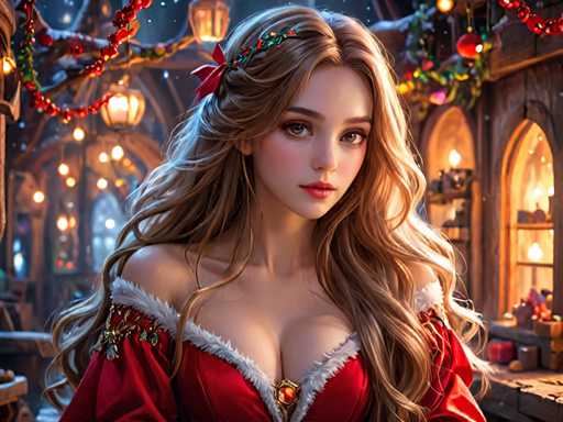 The image depicts a woman with long blonde hair wearing a red dress and a crown on her head. She is standing against the backdrop of a building adorned with Christmas decorations, including lights and garlands. The colors in the image are predominantly red, white, and green, which contribute to the festive atmosphere.