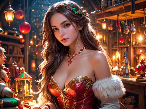 A woman with long brown hair is the main subject of this digital illustration. She's wearing a red and gold dress that stands out against her skin tone. The background features a festive Christmas scene, including a tree adorned with red and green ornaments and twinkling lights.