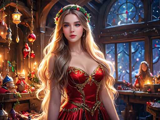 The image depicts a woman wearing a red dress with gold accents and a crown on her head, standing in front of a window adorned with Christmas decorations. The background features a wooden interior with a fireplace and a table draped in white cloth.