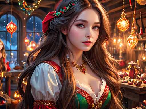 The image depicts a woman with long brown hair wearing a traditional German dress and a red headband adorned with berries. She is standing in front of a window that offers a view of the outside world, which includes Christmas decorations hanging from the ceiling. The background features a wooden table draped with a white tablecloth, upon which are placed various objects such as bottles and bowls.