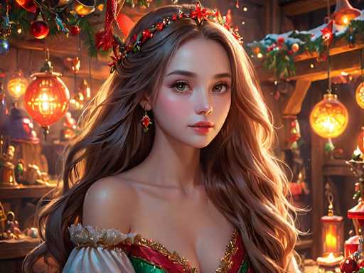 The image depicts a young woman with long brown hair wearing a traditional Chinese dress and a red headband adorned with flowers. She is standing against the backdrop of a Christmas tree decorated with colorful ornaments and lights. The scene suggests that she might be in a festive setting, possibly during the holiday season.