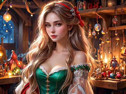 A woman with long blonde hair is the main subject of this digital illustration. She's wearing a green dress and has red hair tied up in a bow at her hairline. The background features various Christmas decorations such as ornaments and lights, creating a festive atmosphere.