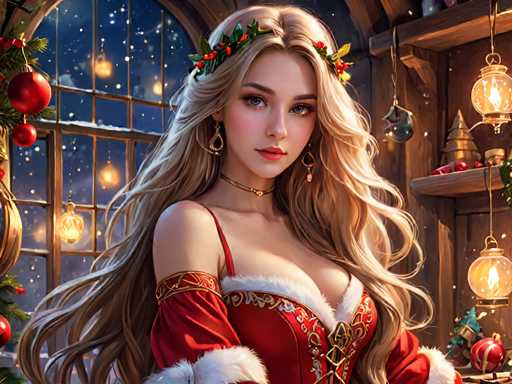 A woman with blonde hair is the main subject of this digital illustration. She's wearing a red dress and has her hair styled in loose waves. The background features a window adorned with Christmas decorations, including ornaments and lights that cast a warm glow throughout the room.