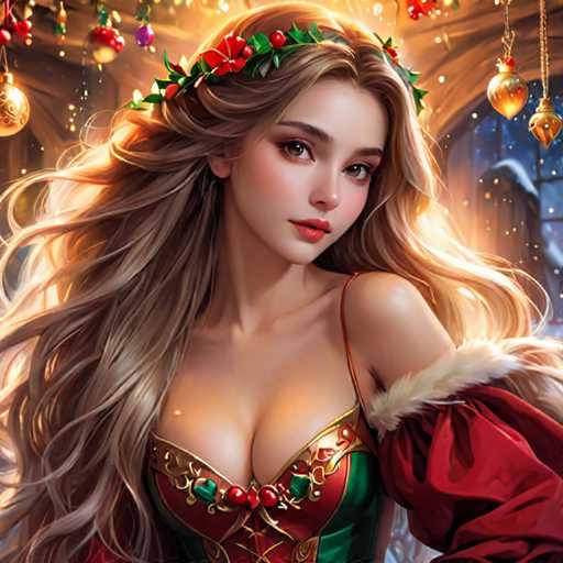 The image depicts a woman with long blonde hair wearing a red and green dress adorned with gold accents. She is positioned against the backdrop of a room filled with Christmas decorations, including ornaments hanging from the ceiling and strings of lights on the walls. The colors in the image are predominantly red, green, and gold, creating a festive atmosphere.