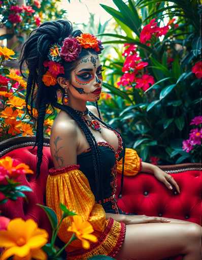 A woman with dreadlocks and a flower crown is seated on a red couch surrounded by flowers of various colors including orange, yellow, pink, and purple.