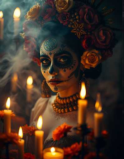 A woman with a vibrant and intricate headpiece made up of red roses and gold accents is the central focus of this image. She is wearing a white dress that contrasts beautifully with her colorful headpiece. The background features a dark room filled with numerous candles, creating an atmosphere of mystery and intrigue.