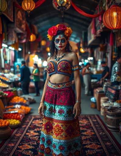 A woman stands confidently in front of a vibrant market stall, wearing a colorful dress with a floral pattern and a headpiece adorned with red flowers. The stall is filled with an array of fruits and vegetables, including oranges and bananas, creating a lively atmosphere. In the background, other people can be seen going about their day, adding to the bustling nature of the scene.