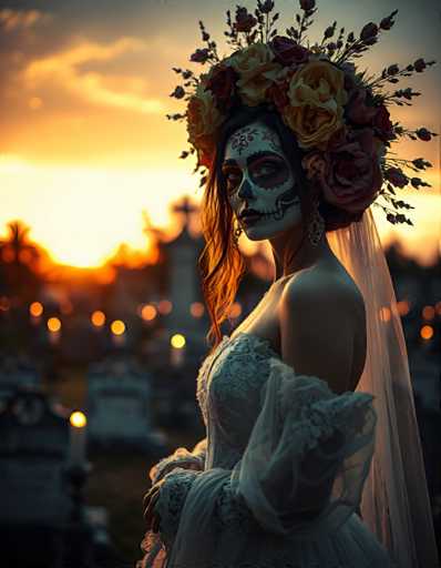 A woman is captured in a moment of solitude at dusk. She stands alone on the right side of the frame, her gaze directed towards something unseen. Her attire consists of a white dress that contrasts with the warm hues of the setting sun. The dress features a train trailing behind it and a headpiece adorned with flowers and leaves. The woman's hair is styled in loose waves, adding to the overall sense of tranquility.