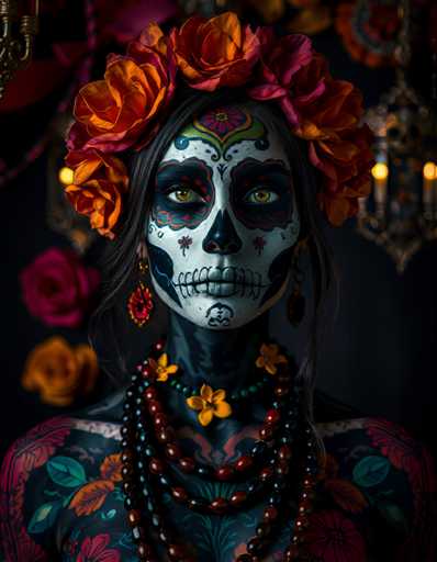 A woman with a vibrant and intricate skull face paint design on her head is the central focus of this image. She is wearing a necklace adorned with colorful beads that adds an extra layer of detail to her appearance. The background features a black wall with gold accents, which contrasts beautifully with the woman's colorful attire and makeup.