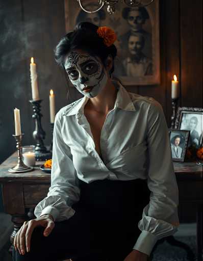 A woman with a sugar skull on her face is seated at a desk, wearing a white blouse and black pants. The desk has a picture frame and two candles, one of which is lit.