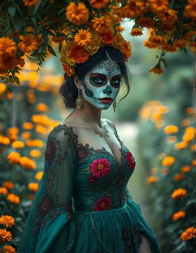 A woman is standing in front of a garden filled with orange flowers and green plants. She is wearing a vibrant green dress adorned with pink flowers on the bodice and a white skull mask on her head. The background features more orange flowers and greenery, creating a serene and picturesque setting for the woman's portrait.