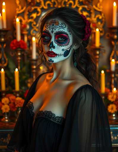 A woman with a sugar skull face paint and a black dress stands in front of a mirror, with candles on either side of her.