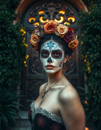 A woman with a vibrant and intricate headpiece made up of flowers is the central focus of this image. The headpiece is adorned with red, orange, yellow, and white flowers that add a splash of color to her appearance. She stands in front of an ornate archway, which serves as a backdrop for her striking look. The woman's pose suggests she might be posing for a portrait or photograph.