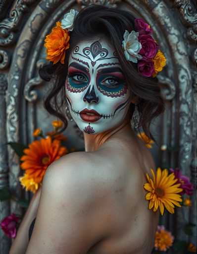 The image shows a person with a white face painted on their back and wearing a flower crown made of orange and yellow flowers. The background features an archway adorned with purple flowers.