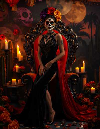 A woman is seated on an ornate red chair with a gold frame and a cactus plant behind her. She is wearing a long black dress adorned with purple flowers and a headpiece made of feathers. The room features a large mural depicting palm trees against a dark background, and the walls are decorated with various skulls and cacti.