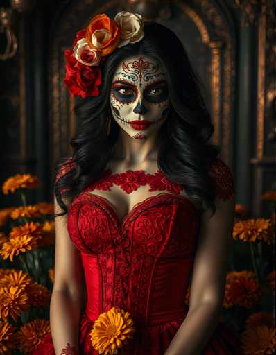 A woman with long dark hair is the main subject of this image. She is wearing a red dress and has her face painted like a sugar skull, complete with a flower on her head. The background features a black wall adorned with gold accents, which contrasts with the vibrant colors of the woman's dress and makeup. In front of her are yellow flowers that add a pop of color to the scene.