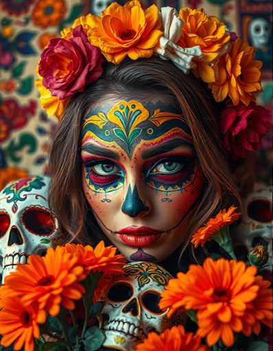 The image shows a woman with vibrant and colorful face paint and flowers surrounding her head. She is wearing a crown of flowers on her head, which adds an element of regality to the scene. The background features a patterned wall adorned with orange and red flowers, creating a warm and inviting atmosphere.