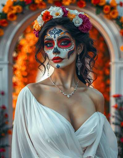 A woman with a white dress and red flowers on her head is the main subject of this image. She has a striking appearance that includes a face painted with vibrant colors and intricate designs, as well as a necklace and earrings. The background features an archway adorned with orange and pink flowers, which adds to the overall festive atmosphere of the scene.