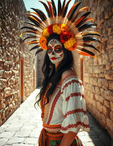 A woman is standing on a cobblestone street wearing a traditional Mexican Day of the Dead costume. The costume includes a large headdress adorned with feathers and flowers, as well as a white blouse decorated with red and orange patterns.