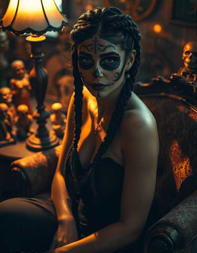 A woman with braids and a skull mask is seated on an ornate chair in front of a lamp that casts a warm glow over the scene. The room features various figurines and other decorations, creating an atmosphere of mystery and intrigue.