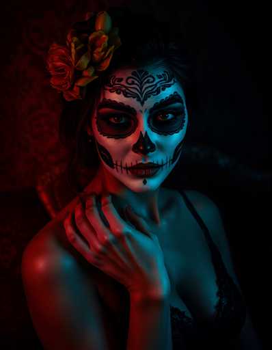 The image shows a woman with a sugar skull face paint on her face and hands. She is wearing a black lace bra and has her hair styled in an updo. The background features a red wall with a floral pattern.