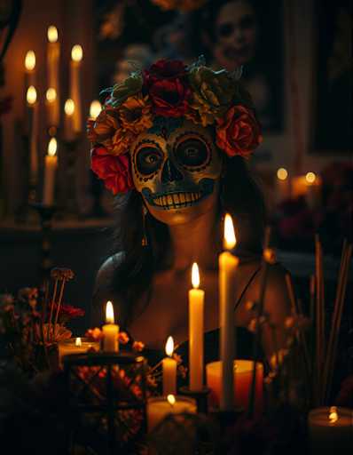 A woman is seated at a table adorned with various candles and flowers, wearing a vibrant skull-like headdress that features red roses as the centerpiece. The background is dark, creating an intimate atmosphere around her.