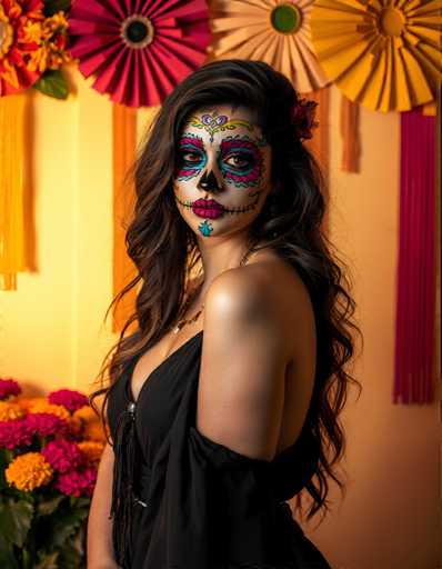 A woman with long brown hair is standing against a wall adorned with colorful paper lanterns and flowers. She is wearing a black dress that contrasts with the vibrant colors of her surroundings. The background features orange and yellow hues, adding warmth to the scene.