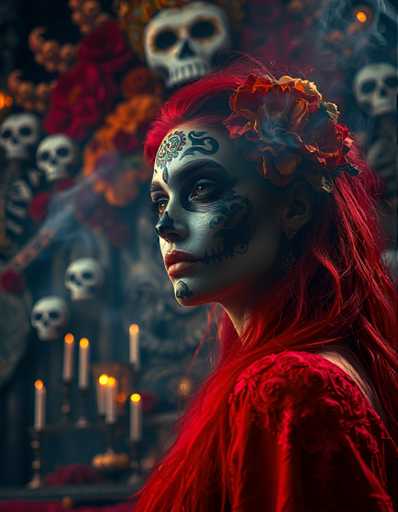 A woman with red hair and a flower on her head is the main subject of this image. She has striking red hair that contrasts beautifully against the dark background. The woman's face features intricate designs painted in black and white, adding to the overall artistic quality of the photo. The background is filled with an array of skulls and roses, creating a sense of mystery and intrigue.