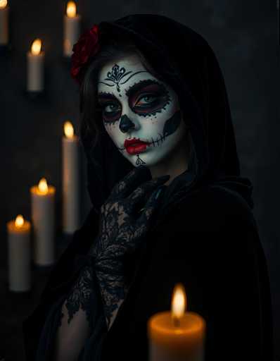 A woman with a black hooded cape and red lipstick is the main subject of this image. She has her hand on her hip and is looking directly at the camera. The background features several candles in various sizes and colors, creating an atmosphere of mystery or celebration.